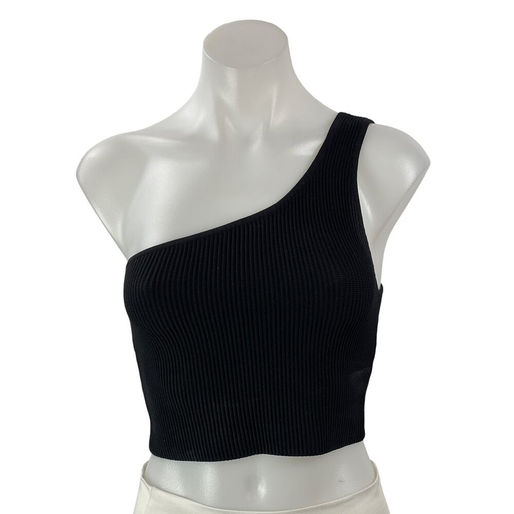 Aritzia Babaton Black One Shoulder Ribbed Knit Sculpt Sleeveless Crop Top Size M